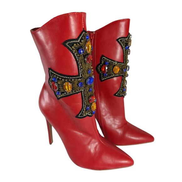 None Shoes - NWOT! FAB ROUGE RED ANKLE BOOTS WITH BEADED & JEWELED, EMBROIDERED CROSS! SZ 6